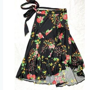 CABI Wrap Skirt M Dark Floral Midi Ruffle Black Boho Party Vacation #5700